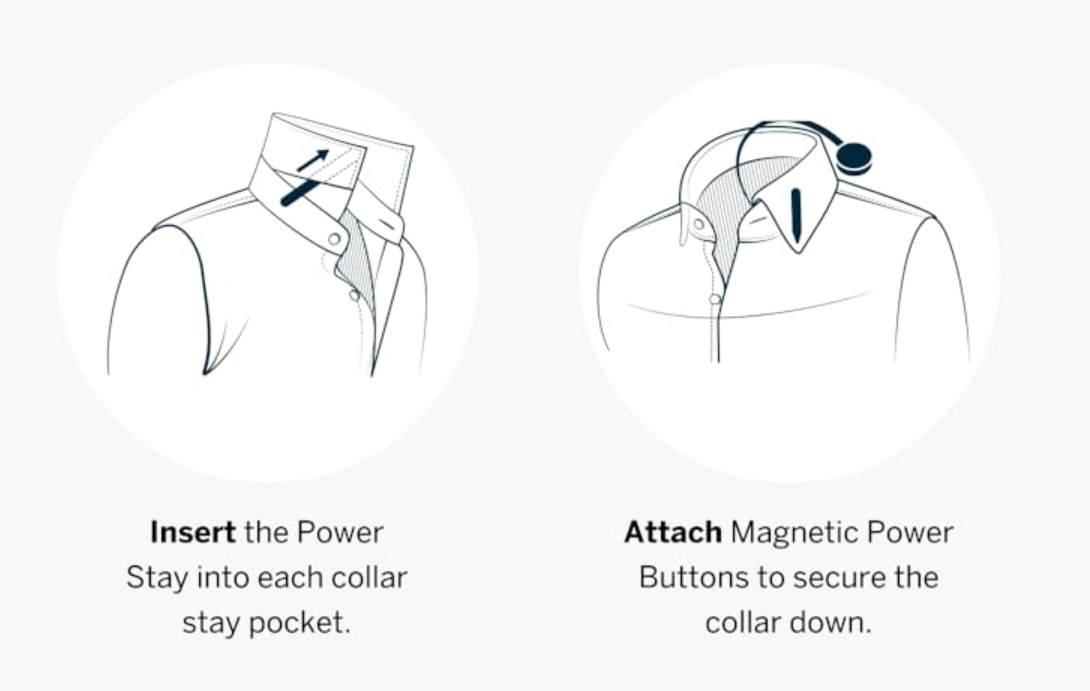 Diagram showing how to insert a power stay into collar pockets and attach magnetic power buttons.