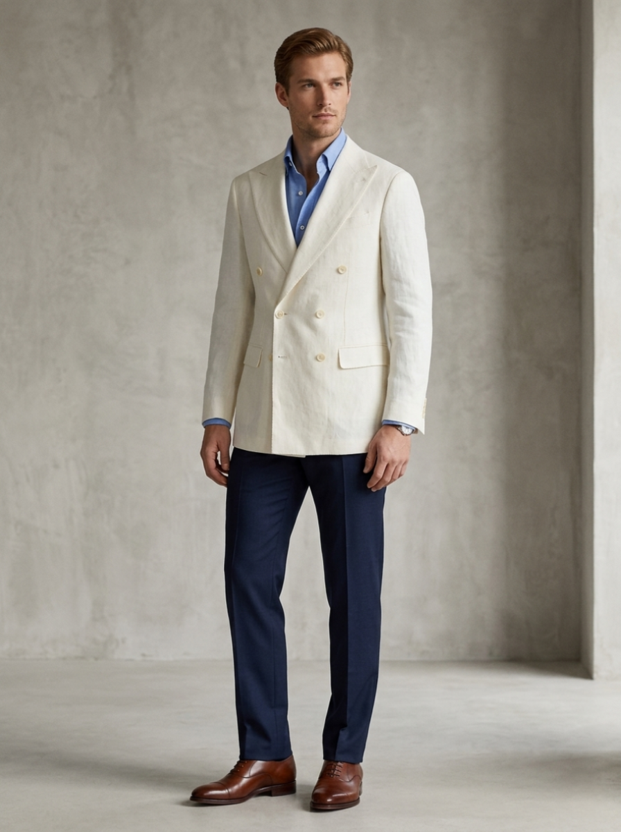 Man wearing a white blazer over a blue shirt with navy pants against a neutral background