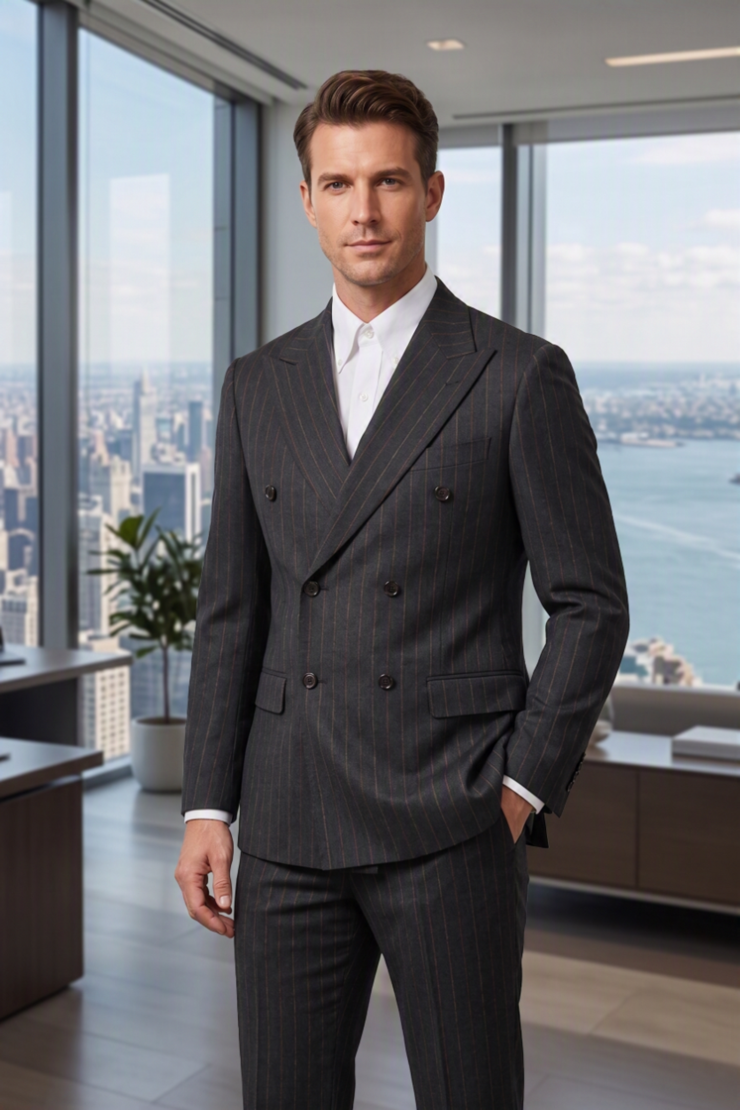 A man wearing a dark gray double-breasted pinstripe suit with a white dress shirt, standing in a modern office with a city skyline and water view in the background.