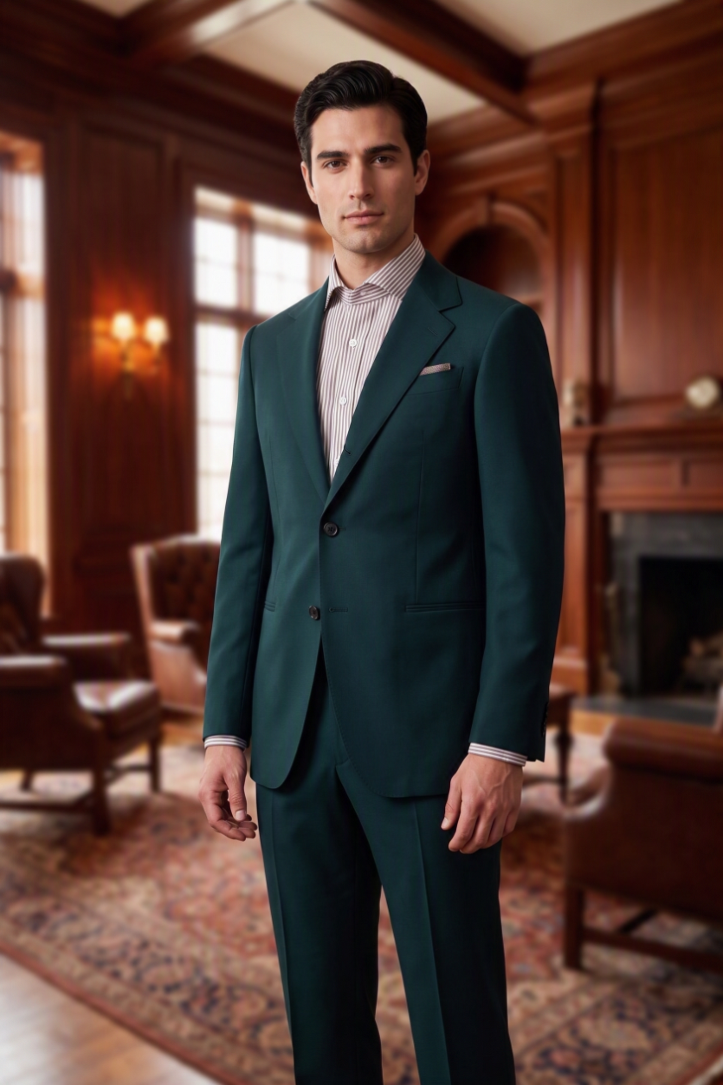 A man wearing a dark teal green two-piece suit with a light pink striped dress shirt, standing in a classic wood-paneled room with a fireplace.