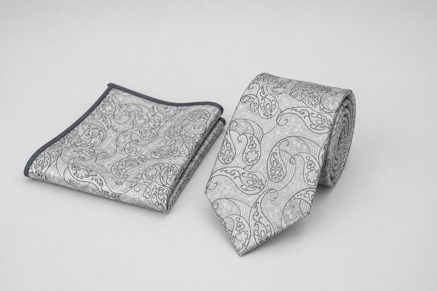 Light Gray Silk Tie & Pocket Square Set – Paisley