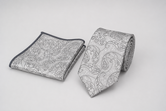 Light Gray Silk Tie & Pocket Square Set – Paisley