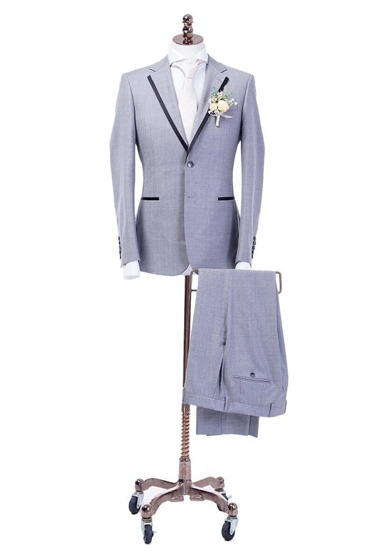 Grey wedding suit with notch lapels and satin accent on the lapel and satin accent pockets. Horn buttons. Summer wedding suit. Grey suit. Gray suit. grey beach wedding suit. suit for summer wedding. suit for beach wedding. light grey suit.
