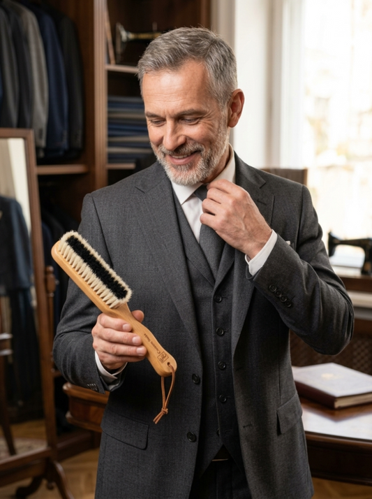 Man in a suit holding a brush in a clothing store