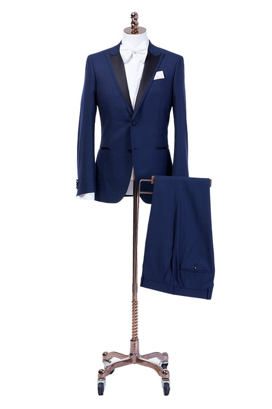 Navy wedding tuxedo with black satin peak lapel. Single breasted navy tux with black satin accents. 2-piece navy wedding tuxedo. Custom navy tuxedo for wedding