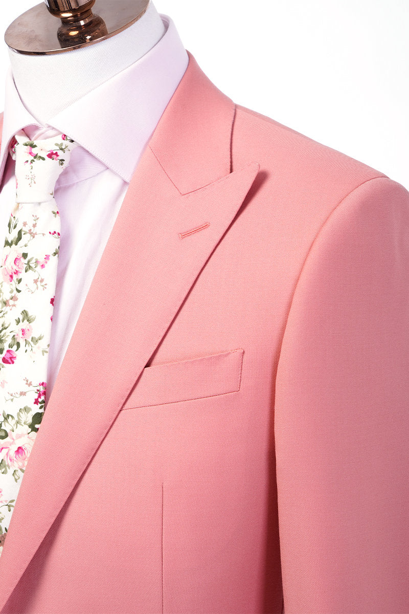 Salmon wedding suit. salmon single breasted wedding suit with peak lapels and double breasted vest. salmon suit for groom and groomsmen. summer wedding suit.