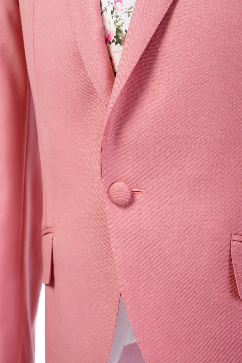 Salmon wedding suit. salmon single breasted wedding suit with peak lapels and double breasted vest. salmon suit for groom and groomsmen. summer wedding suit.