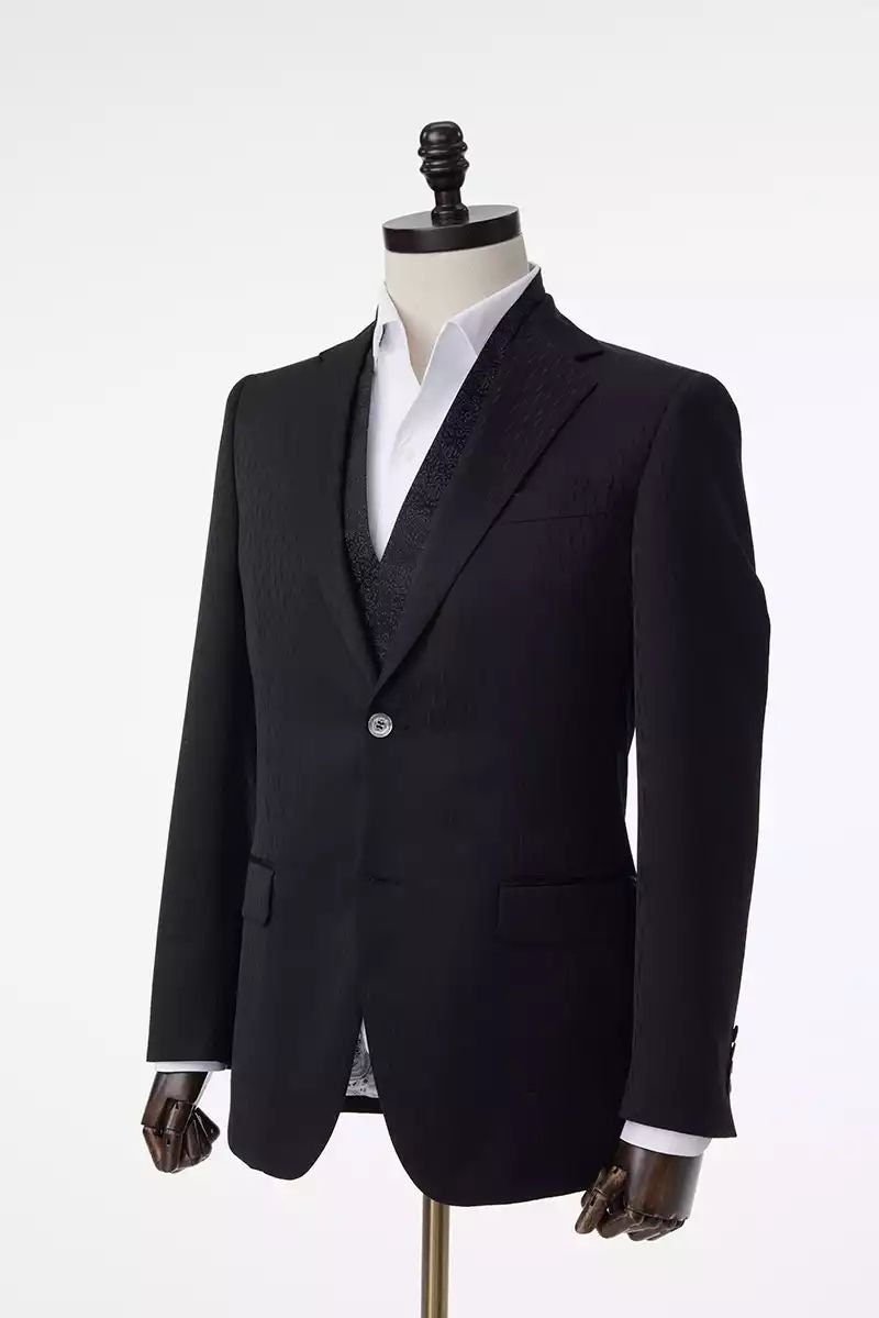 Black wedding suit with notch lapels and an accent vest. Unique design in the fabric. Black suit for groom. Black wedding suit. Groom black wedding suit traditional notch lapel.