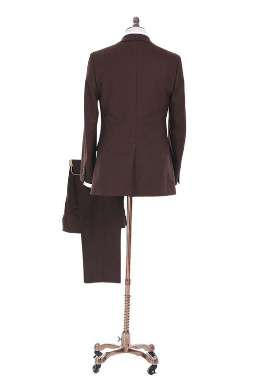 Brown 2-piece suit with single breast and notch lapel. Pants have a 2-button waistband, watch pocket, and a buckle adjuster on the hips. Mens brown suit. Brown wedding suit. Custom wedding suit. Chocolate brown suit.