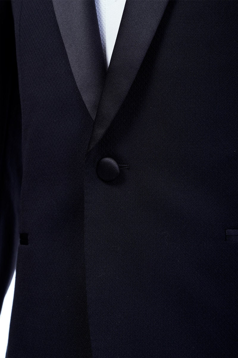Midnight blue navy tuxedo with black satin shawl lapel. navy blue tuxedo pants with black satin stripe. Black satin covered buttons on this midnight blue dark navy blue tuxedo. Formal wedding tuxedo. Formal wedding tux. Elegant tuxedo.