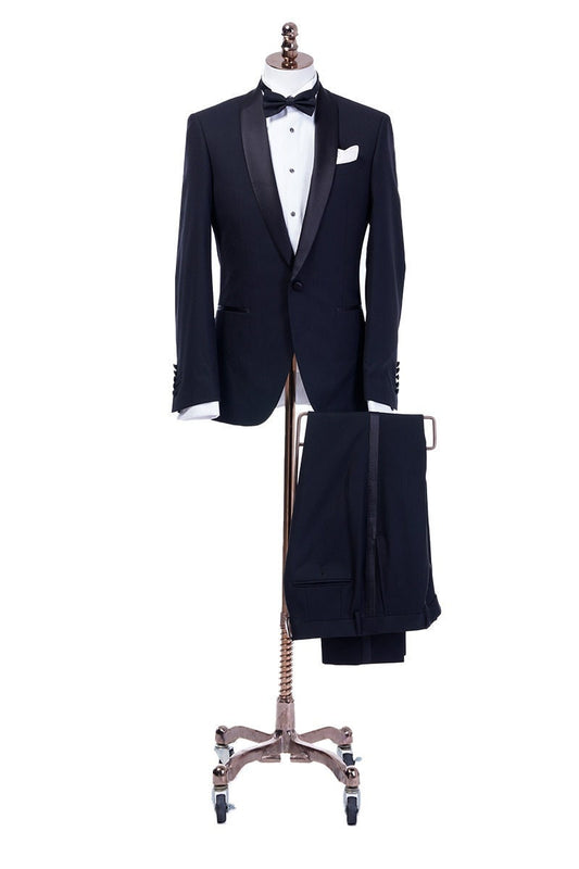 Midnight blue navy tuxedo with black satin shawl lapel. navy blue tuxedo pants with black satin stripe. Black satin covered buttons on this midnight blue dark navy blue tuxedo. Formal wedding tuxedo. Formal wedding tux. Elegant tuxedo.