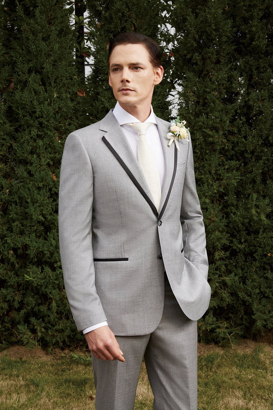 Grey wedding suit with notch lapels and satin accent on the lapel and satin accent pockets. Horn buttons. Summer wedding suit. Grey suit. Gray suit. grey beach wedding suit. suit for summer wedding. suit for beach wedding. light grey suit.