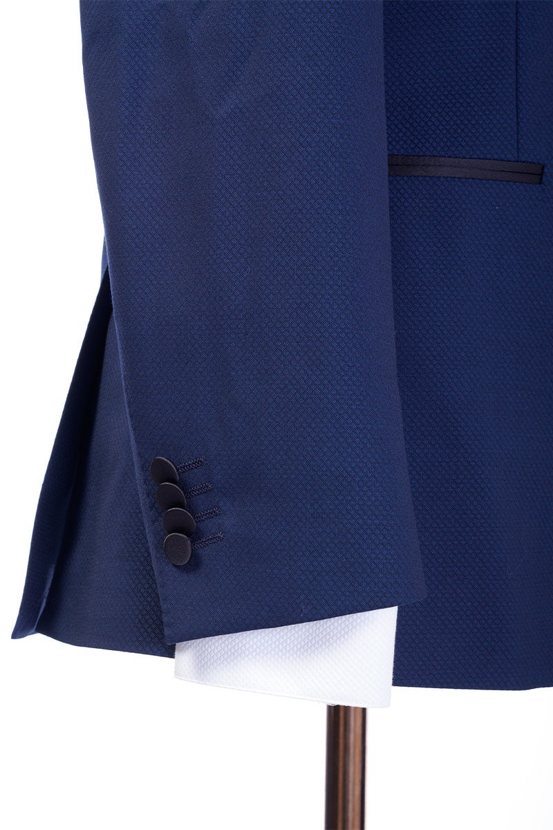 Navy wedding tuxedo with black satin peak lapel. Single breasted navy tux with black satin accents. 2-piece navy wedding tuxedo. Custom navy tuxedo for wedding