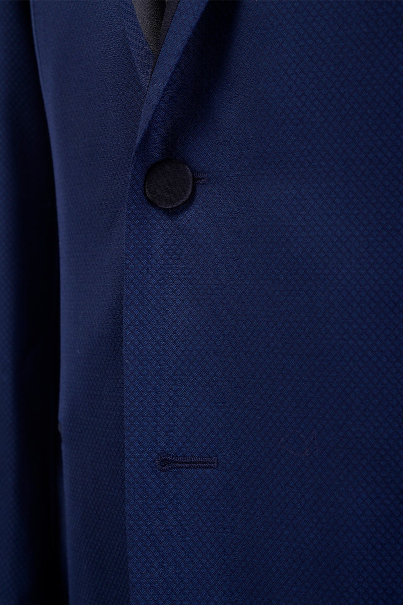 Navy wedding tuxedo with black satin peak lapel. Single breasted navy tux with black satin accents. 2-piece navy wedding tuxedo. Custom navy tuxedo for wedding