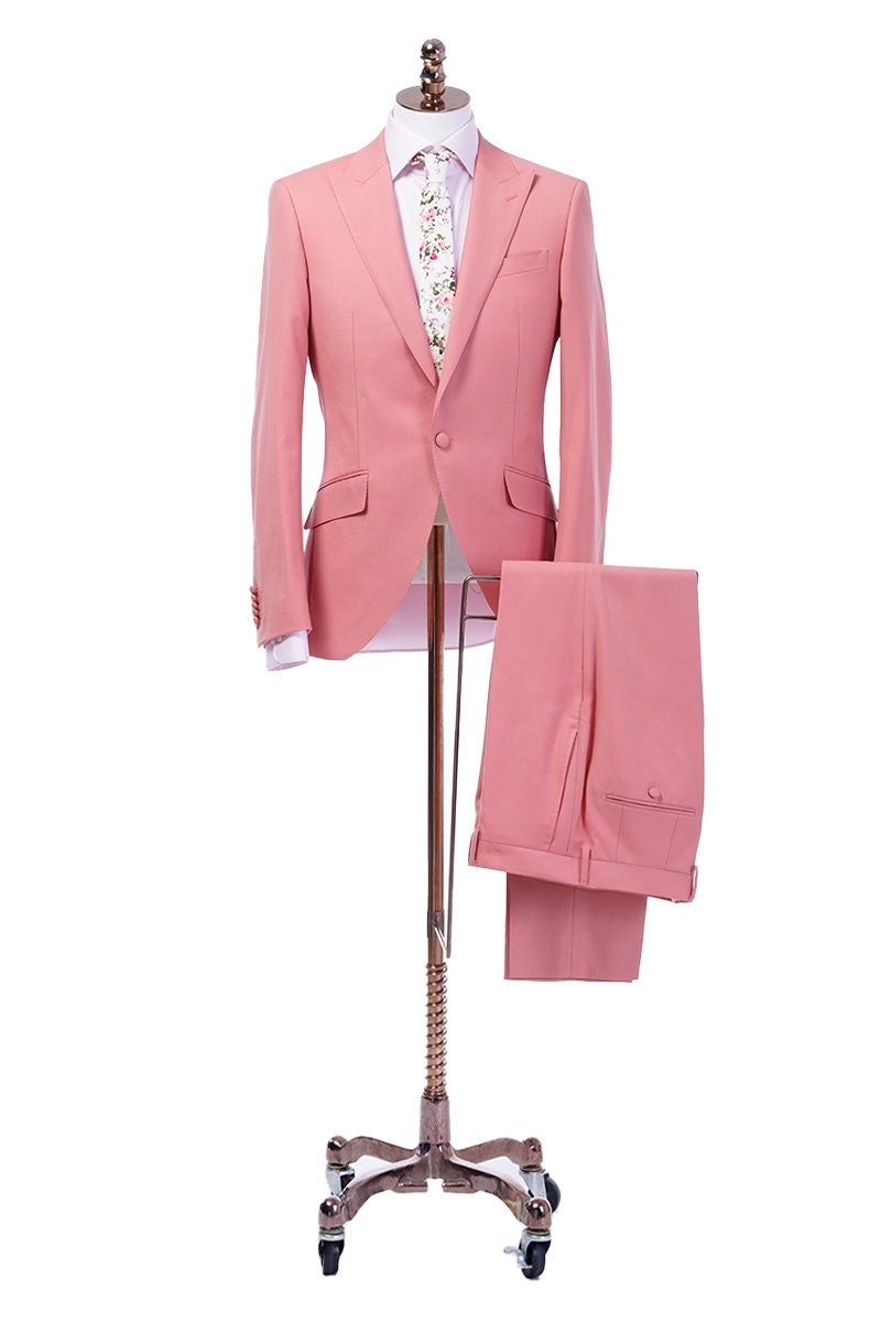 Salmon wedding suit. salmon single breasted wedding suit with peak lapels and double breasted vest. salmon suit for groom and groomsmen. summer wedding suit.