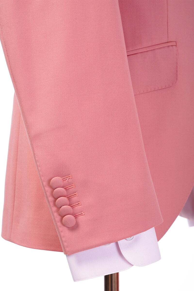 Salmon wedding suit. salmon single breasted wedding suit with peak lapels and double breasted vest. salmon suit for groom and groomsmen. summer wedding suit.