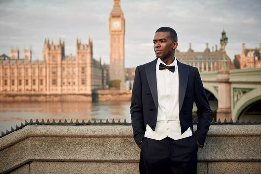 Black formal tail tuxedo. Black tuxedo with peak satin lapel. Available with white shawl lapel vest. Satin covered buttons and satin stripe on pants. Elegant and timeless tuxedo. Black tail tux. Wedding tuxedo. Black wool wedding tux with tail.