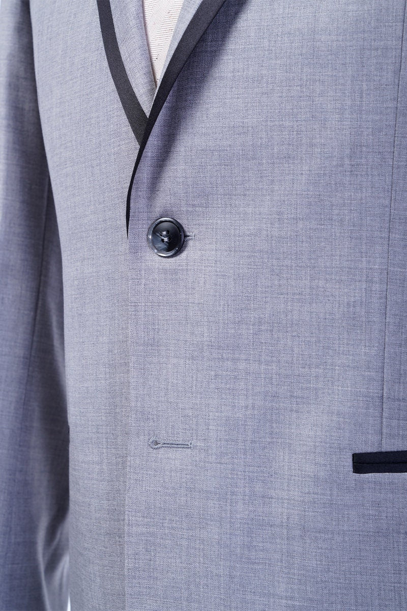Grey wedding suit with notch lapels and satin accent on the lapel and satin accent pockets. Horn buttons. Summer wedding suit. Grey suit. Gray suit. grey beach wedding suit. suit for summer wedding. suit for beach wedding. light grey suit.
