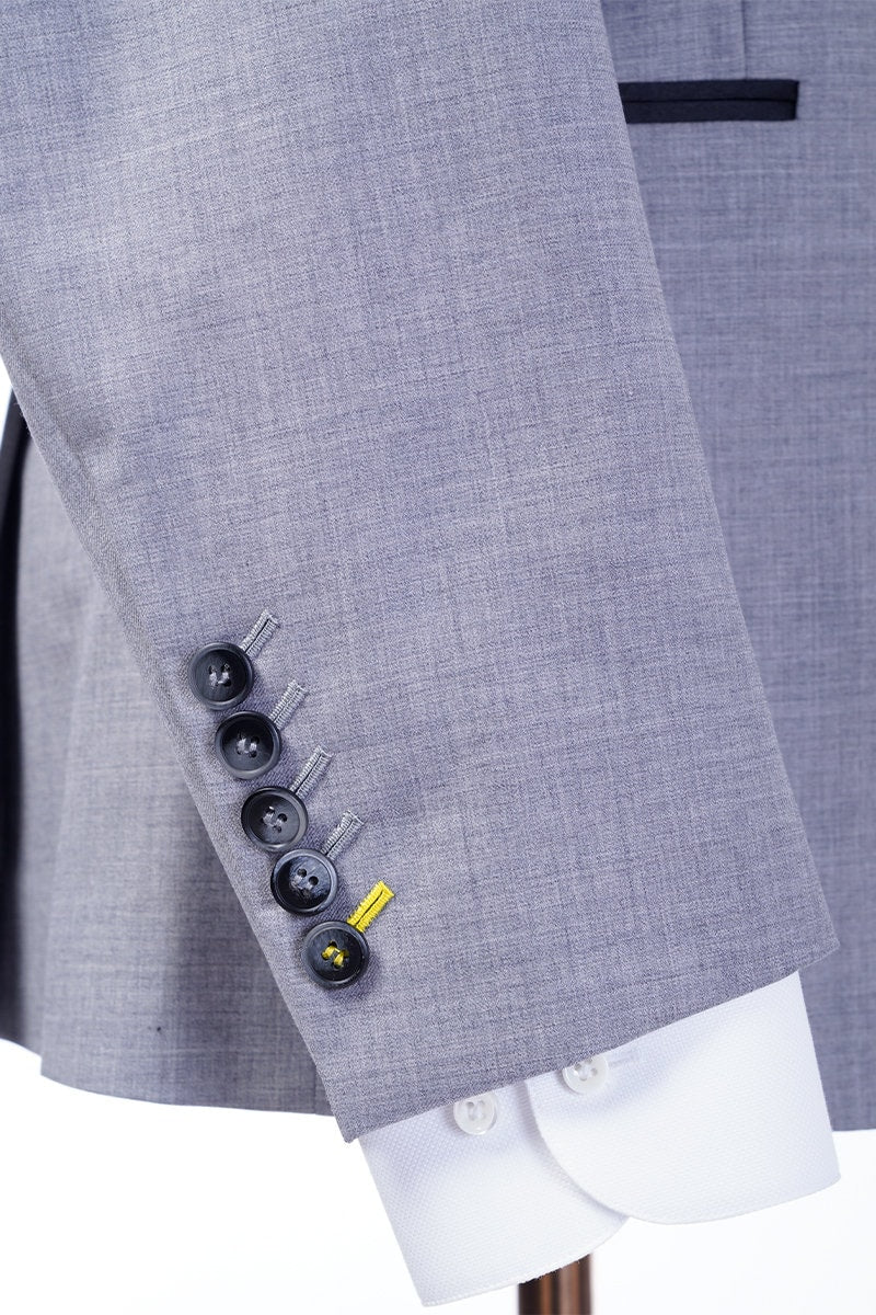 Grey wedding suit with notch lapels and satin accent on the lapel and satin accent pockets. Horn buttons. Summer wedding suit. Grey suit. Gray suit. grey beach wedding suit. suit for summer wedding. suit for beach wedding. light grey suit.