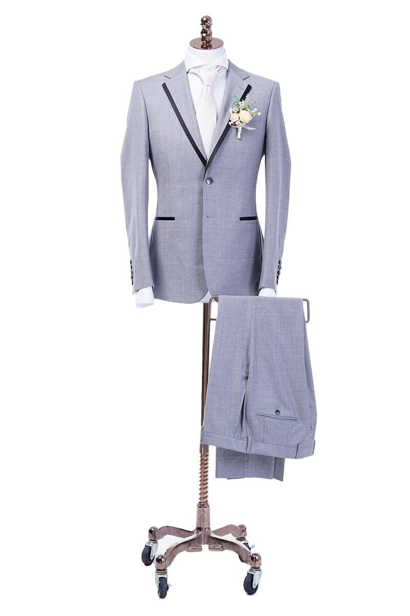 Grey wedding suit with notch lapels and satin accent on the lapel and satin accent pockets. Horn buttons. Summer wedding suit. Grey suit. Gray suit. grey beach wedding suit. suit for summer wedding. suit for beach wedding. light grey suit.