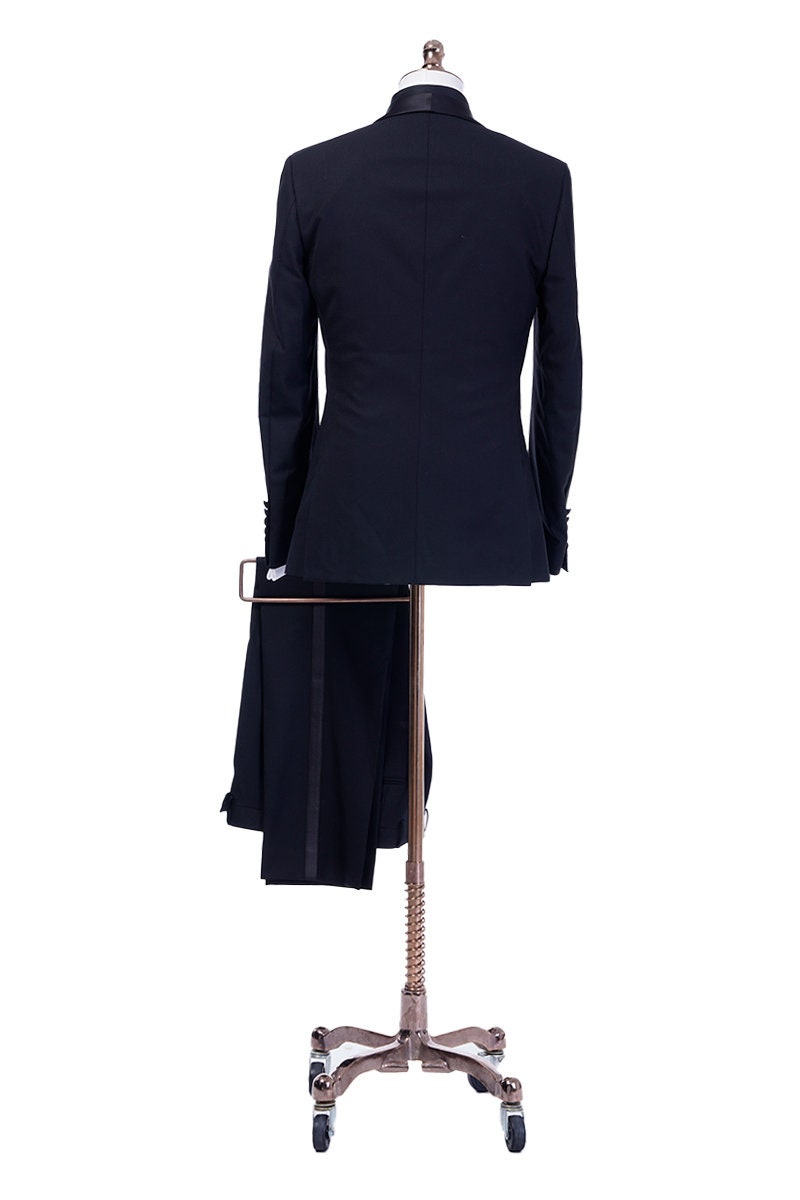 Midnight blue navy tuxedo with black satin shawl lapel. navy blue tuxedo pants with black satin stripe. Black satin covered buttons on this midnight blue dark navy blue tuxedo. Formal wedding tuxedo. Formal wedding tux. Elegant tuxedo.