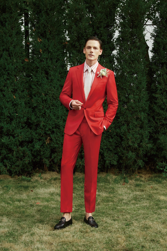 Red wedding suit. Coral color wedding suit. Red wedding suit single breasted suit with notch lapels. 2-piece wedding suit. Great wedding suit for summer weddings. Summer wedding suit. Red groomsmen suit.