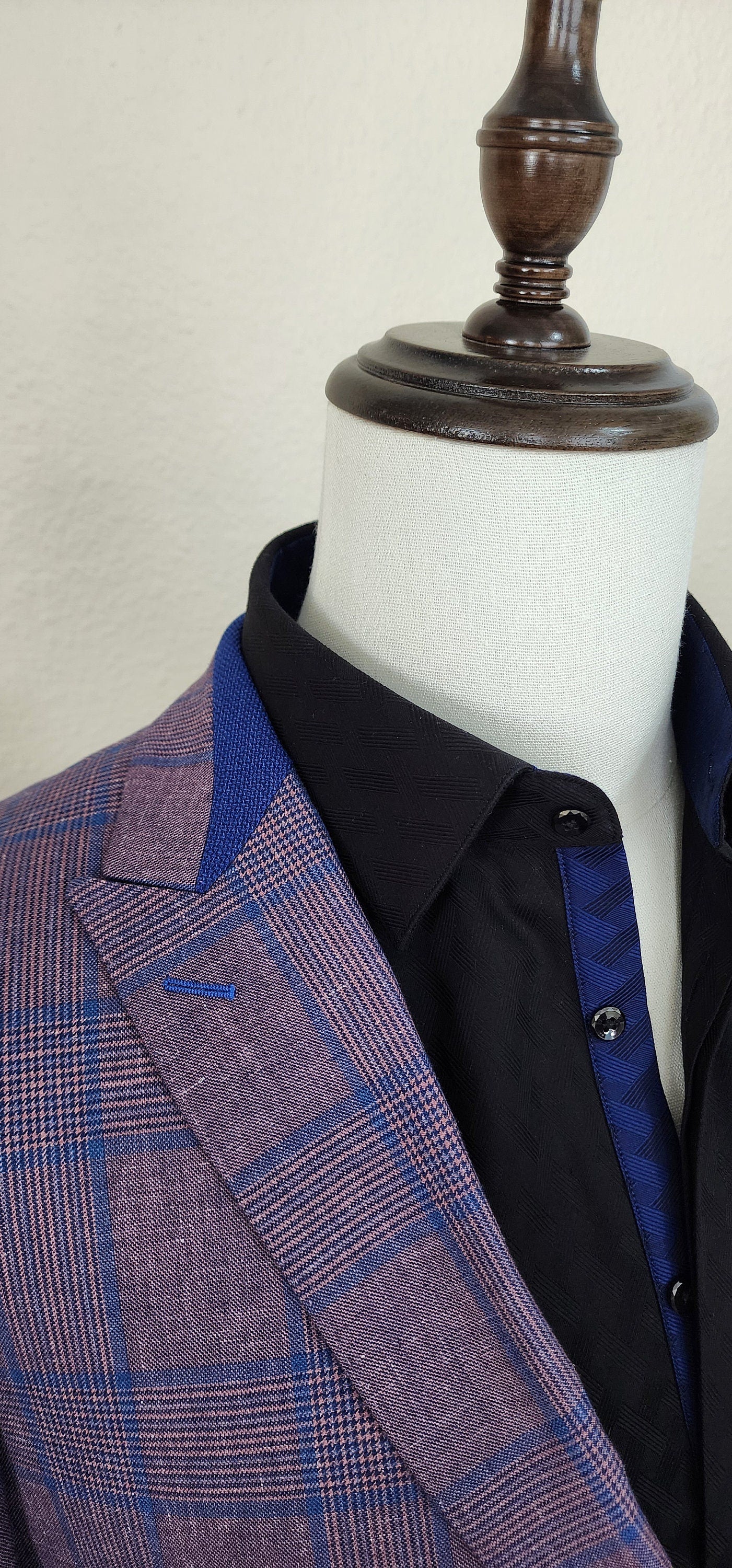 plaid mens; sport coat. This glen plaid sport coat has blue accents throughout. Spot coat pairs great with jeans, chinos, and slacks. mens custom sport coat is a great gift for him. Perfect rehearsal dinner jacket for a wedding.