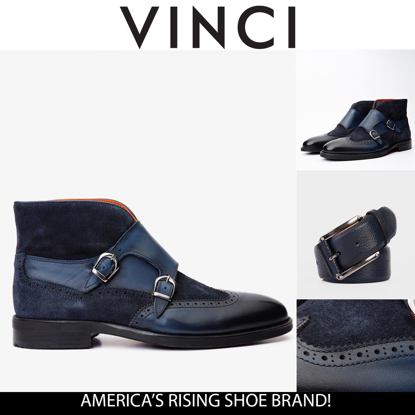 The Albus Navy Blue Leather & Suede Double Strap Monk Brogue Men Boot