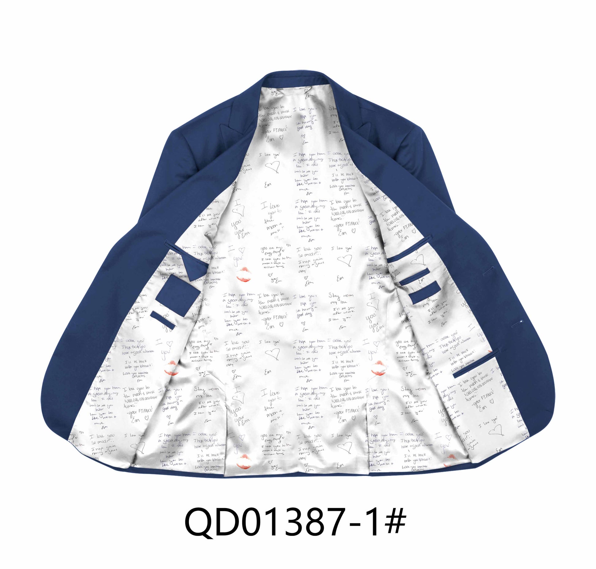 Blue jacket show custom suit lining contain messages and love notes on a white background
