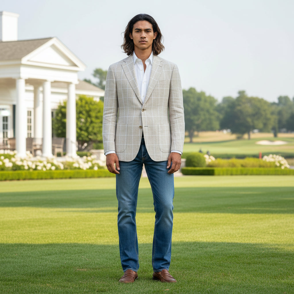 Man in a beige blazer and blue jeans standing on a golf course with a clubhouse in the background.