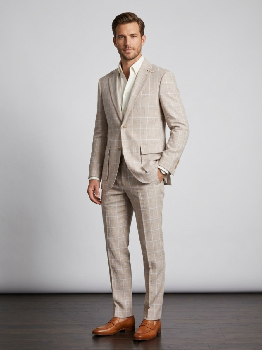 Man wearing a light tan checkered suit with a white shirt and brown shoes on a plain background