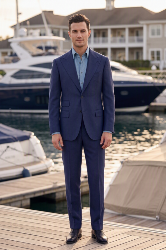 A man wearing a navy blue two-piece suit with a light blue dress shirt and black dress shoes, standing on a wooden dock with boats and a marina in the background.
