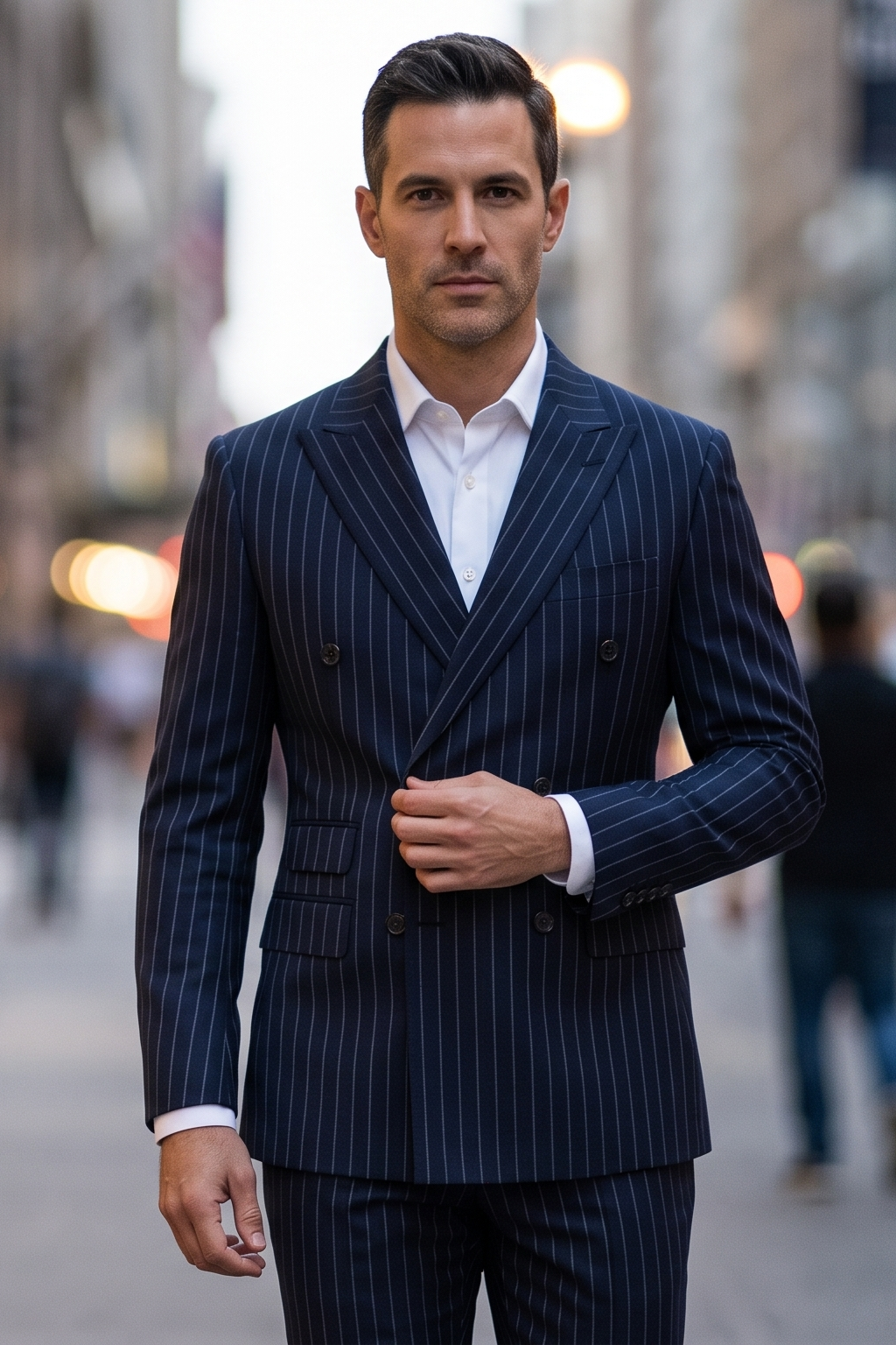 A man wearing a dark navy blue pinstripe double-breasted suit with a white dress shirt walks down a blurred city street.