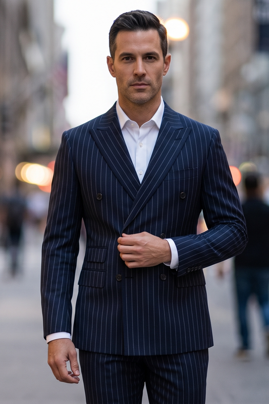 A man wearing a dark navy blue pinstripe double-breasted suit with a white dress shirt walks down a blurred city street.
