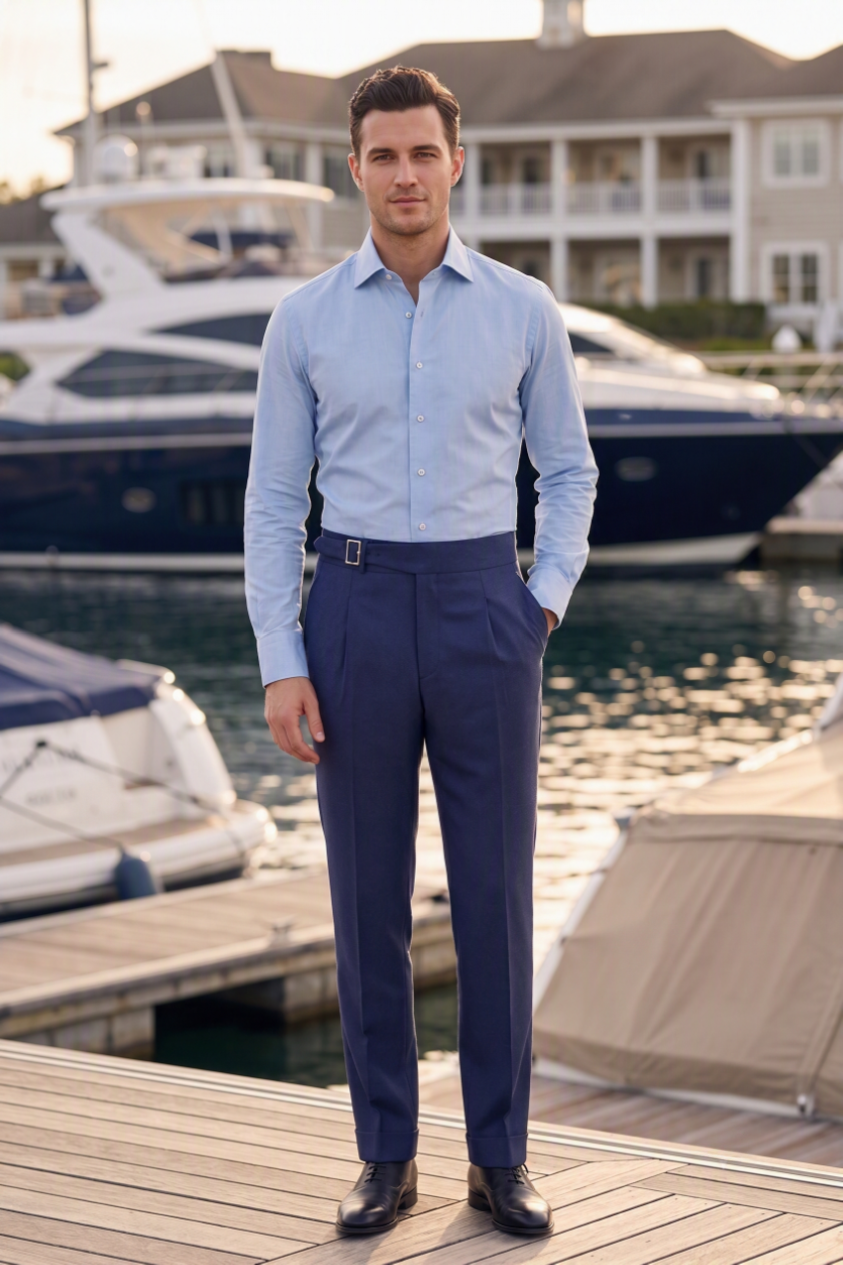 A man stands on a wooden dock in front of a marina with yachts and water houses in the background, wearing a light blue dress shirt, navy blue trousers, and black dress shoes.