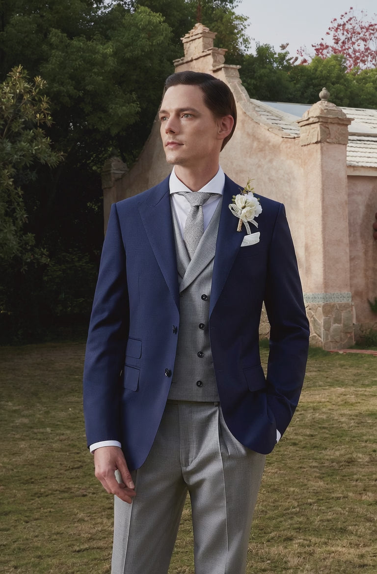 man wearing navy blue and gray wedding suit