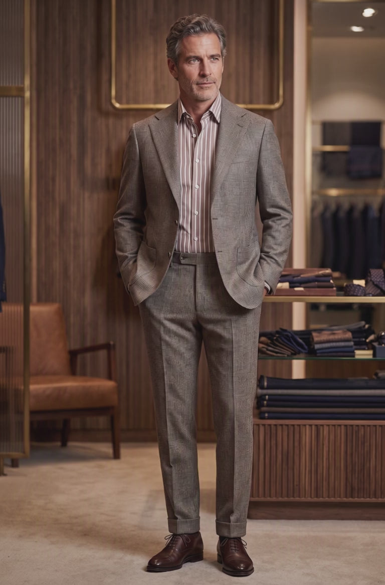 grey plaid mens suit in menswear store