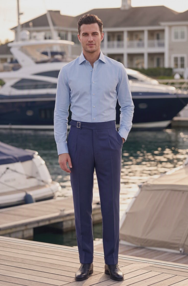 man wearing navy trousers with buckle