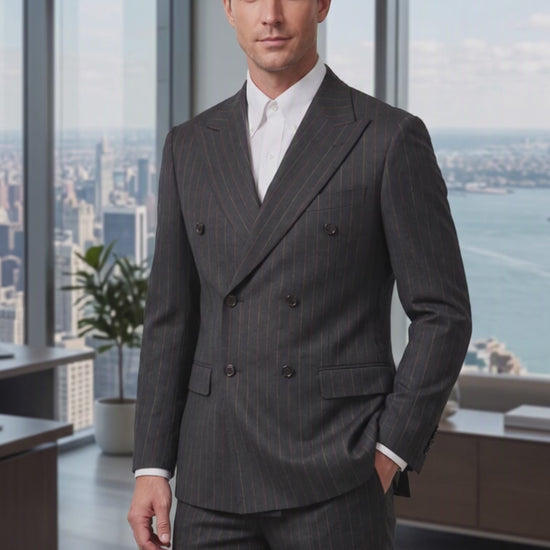 man wearing a pinstripe suit in business office