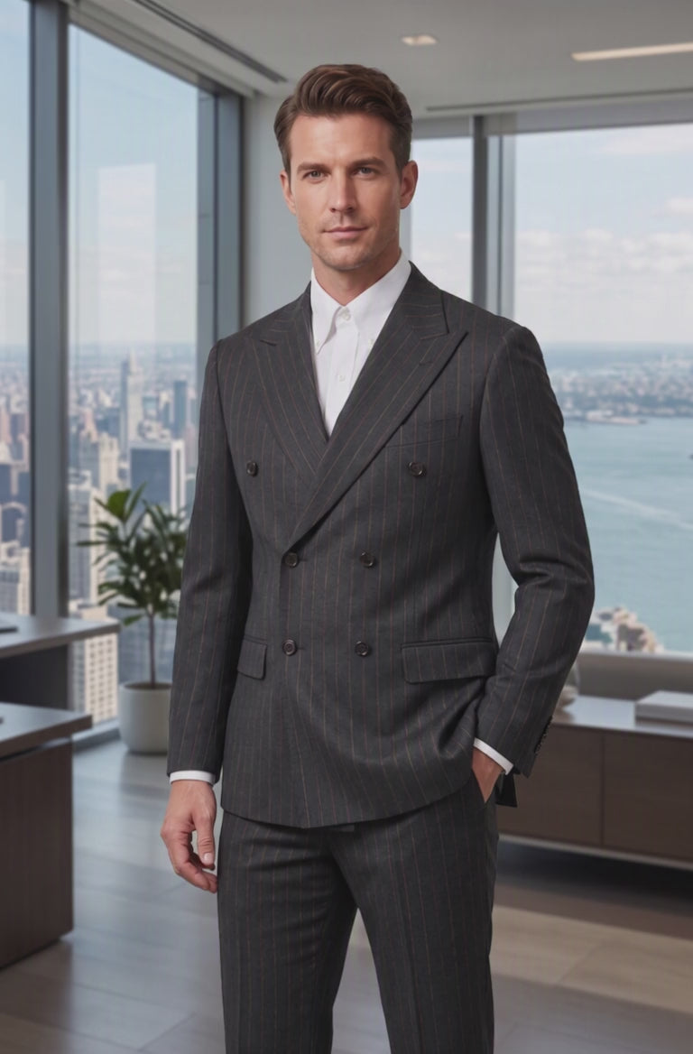 man wearing a pinstripe suit in business office