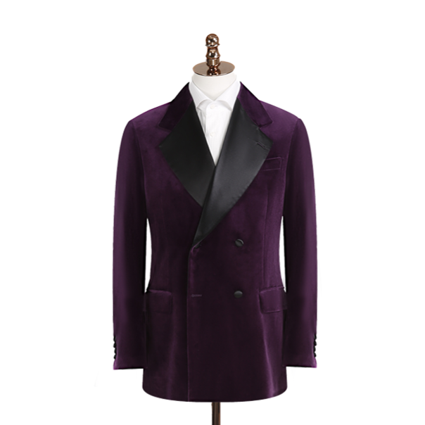 Purple tuxedo jacket with black lapels on a mannequin against a white background
