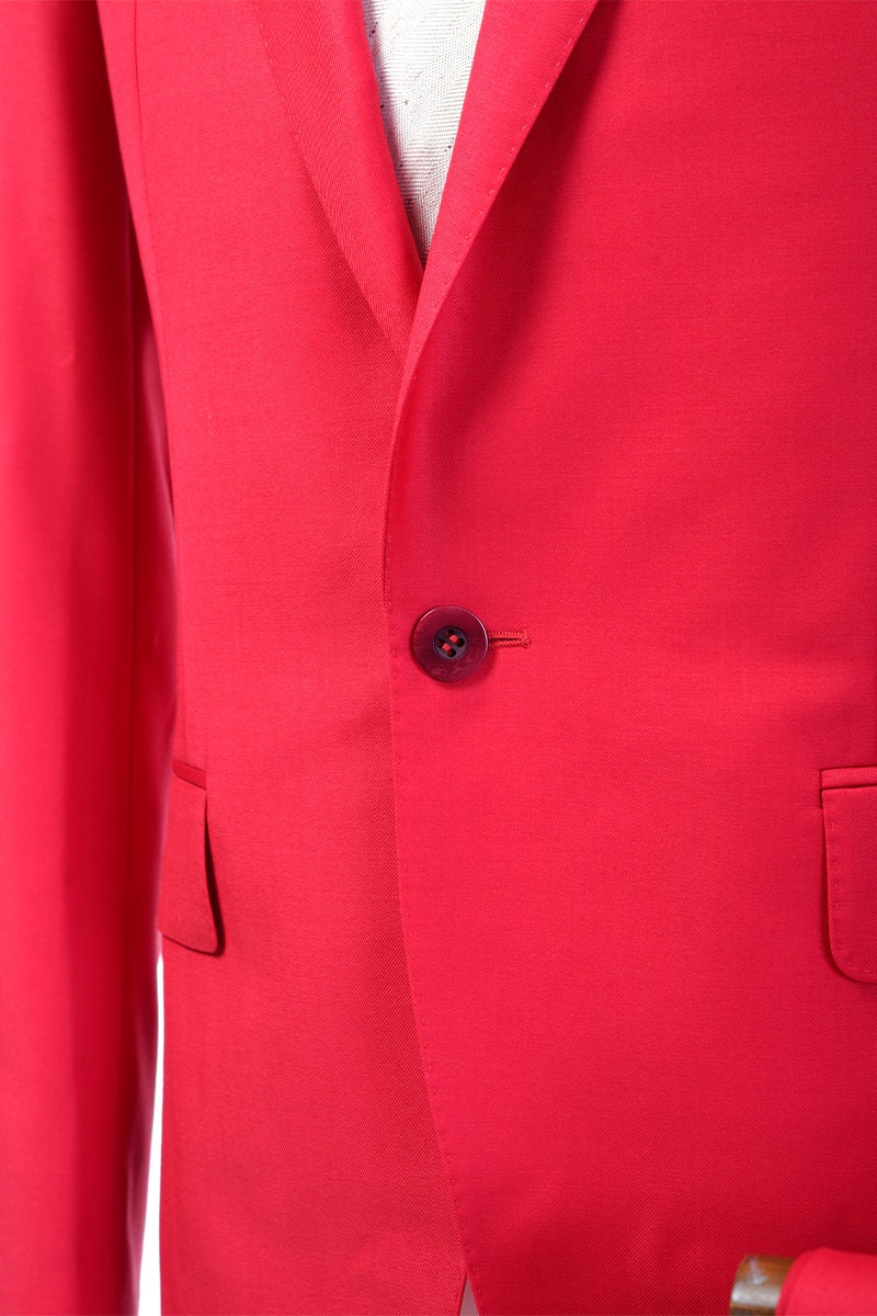 Red wedding suit. Coral color wedding suit. Red wedding suit single breasted suit with notch lapels. 2-piece wedding suit. Great wedding suit for summer weddings. Summer wedding suit. Red groomsmen suit.