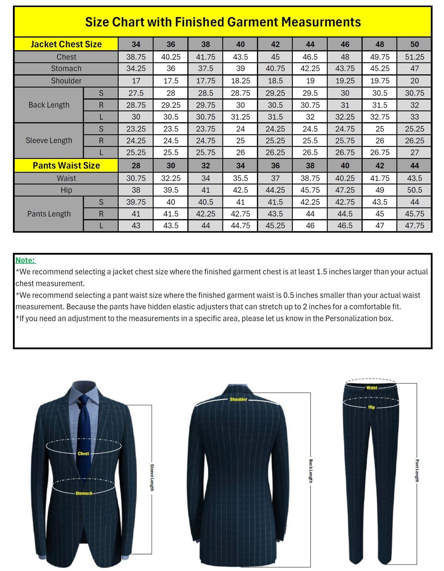 Size chart for a suit with measurements and a sample suit image.