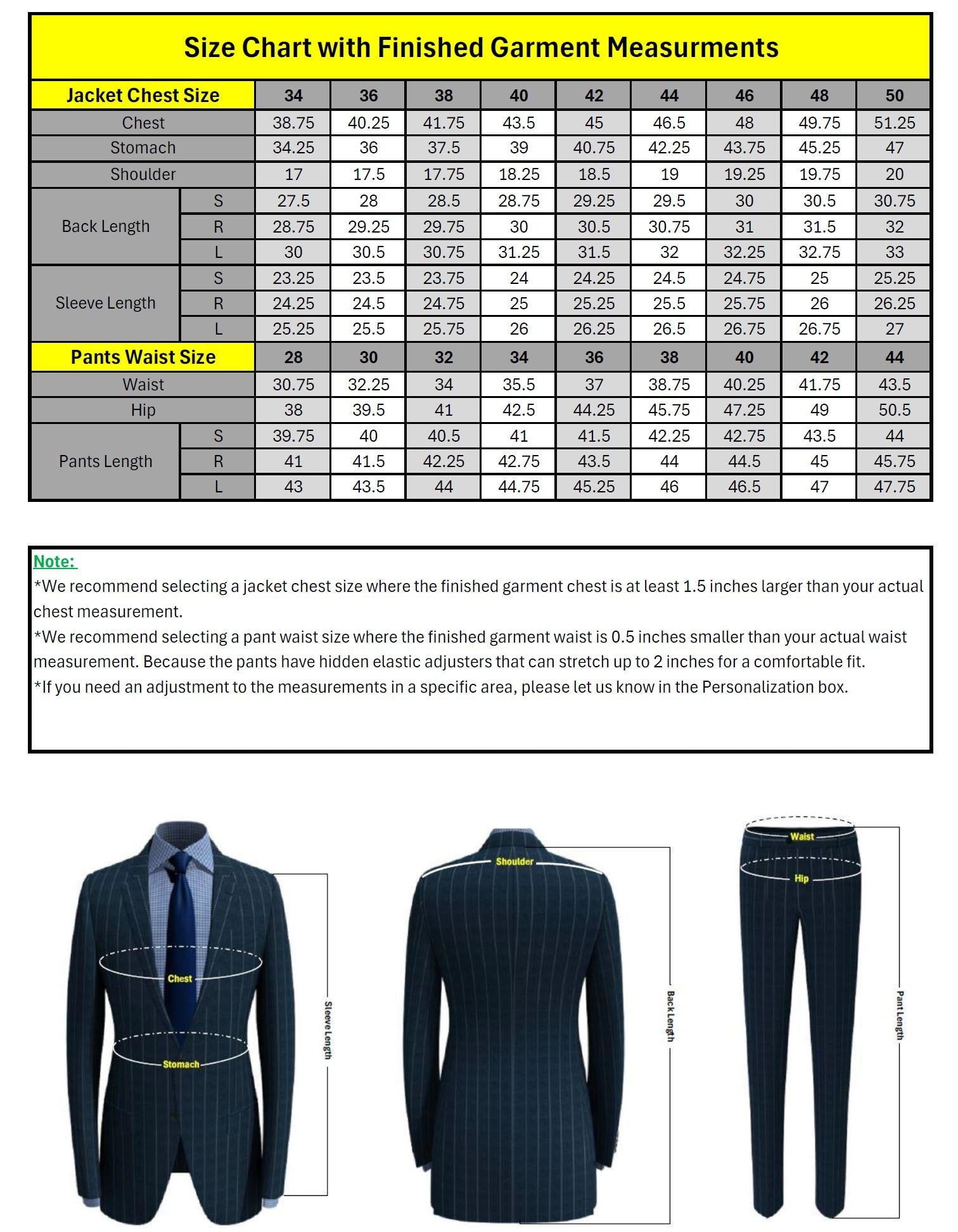 Size chart for a suit with measurements and a sample suit image.