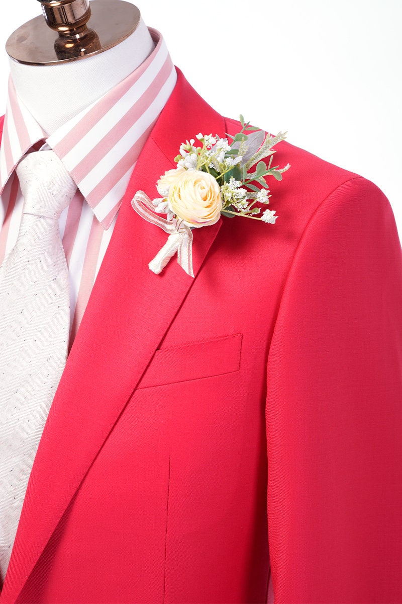Red wedding suit. Coral color wedding suit. Red wedding suit single breasted suit with notch lapels. 2-piece wedding suit. Great wedding suit for summer weddings. Summer wedding suit. Red groomsmen suit.