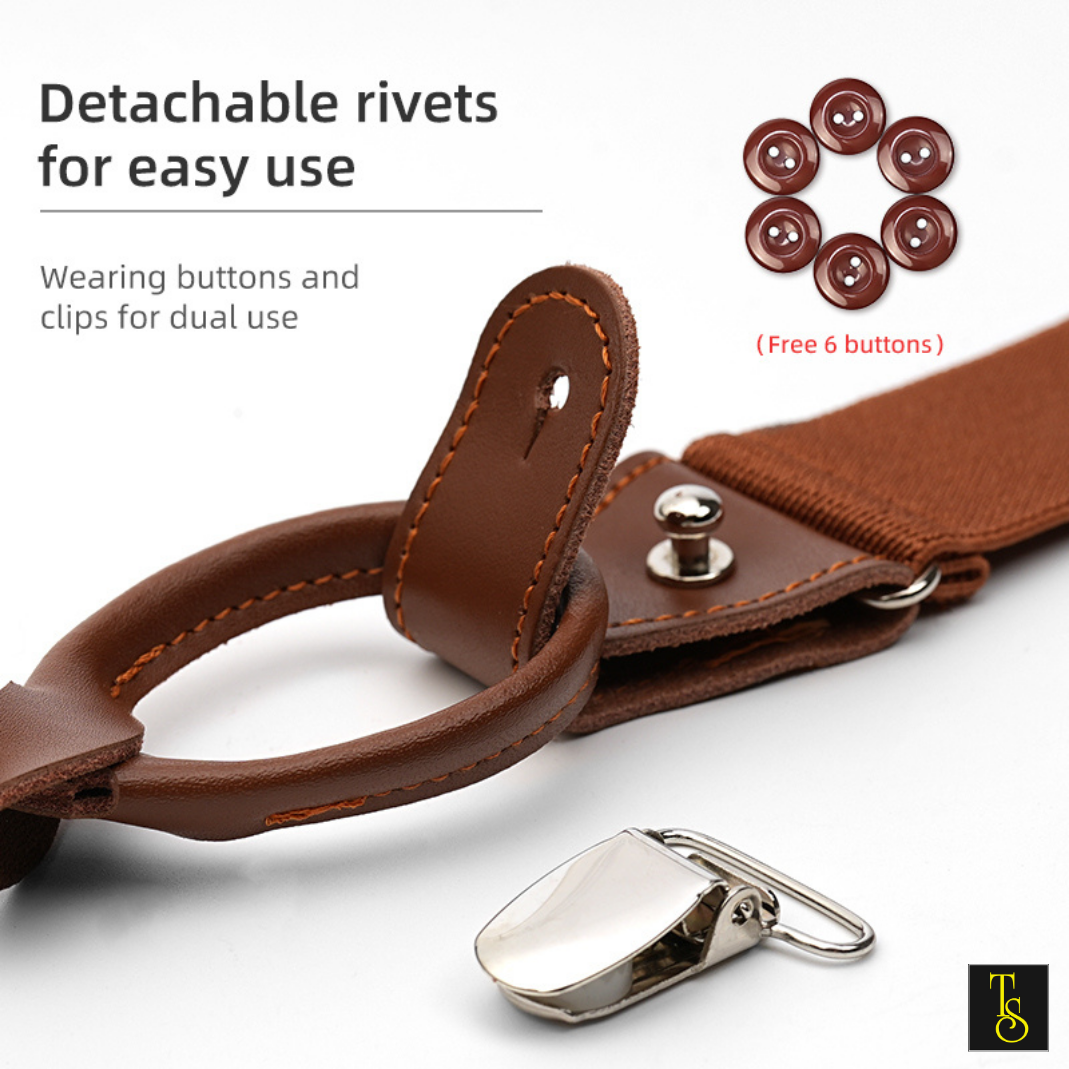 Brown leather strap with detachable rivets and clips on a white background