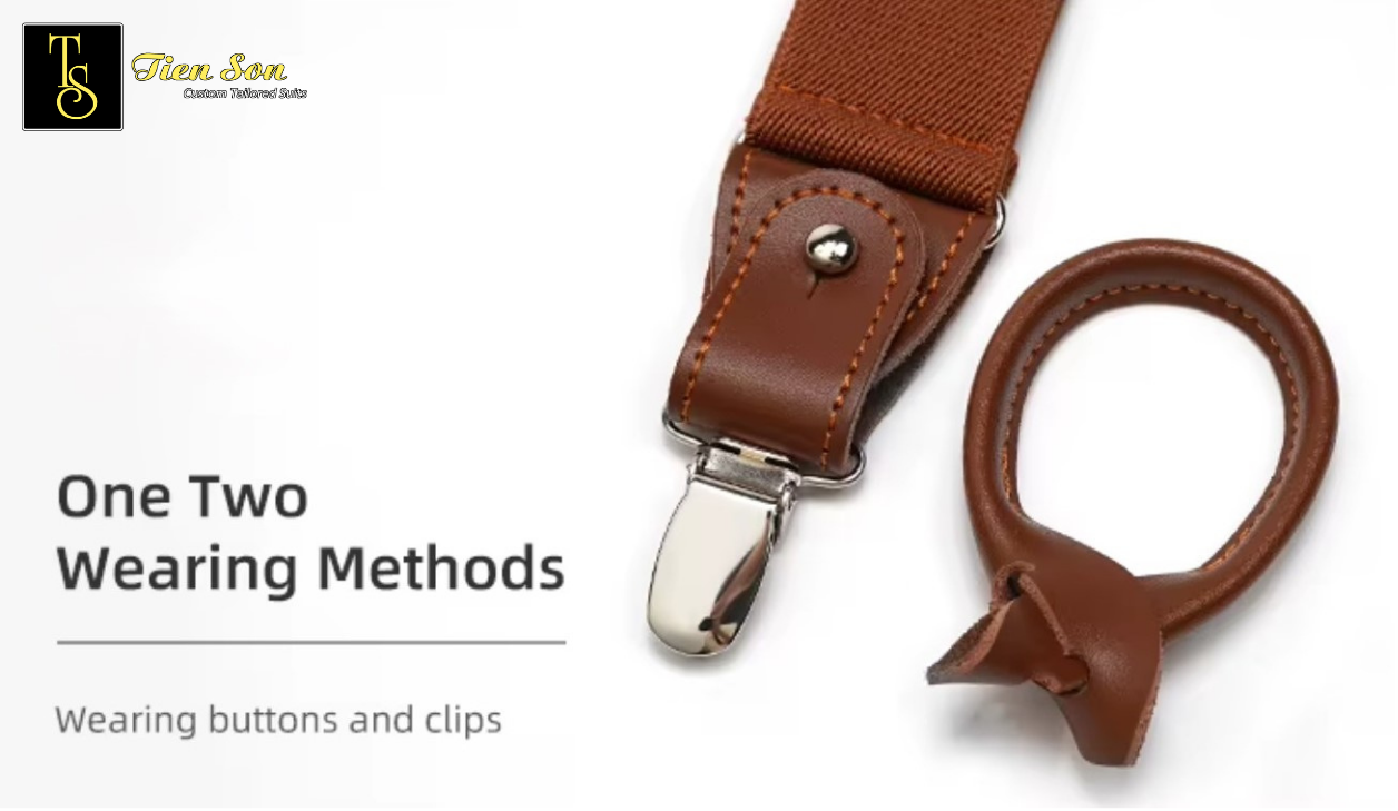 Brown suspenders with clip on a white background