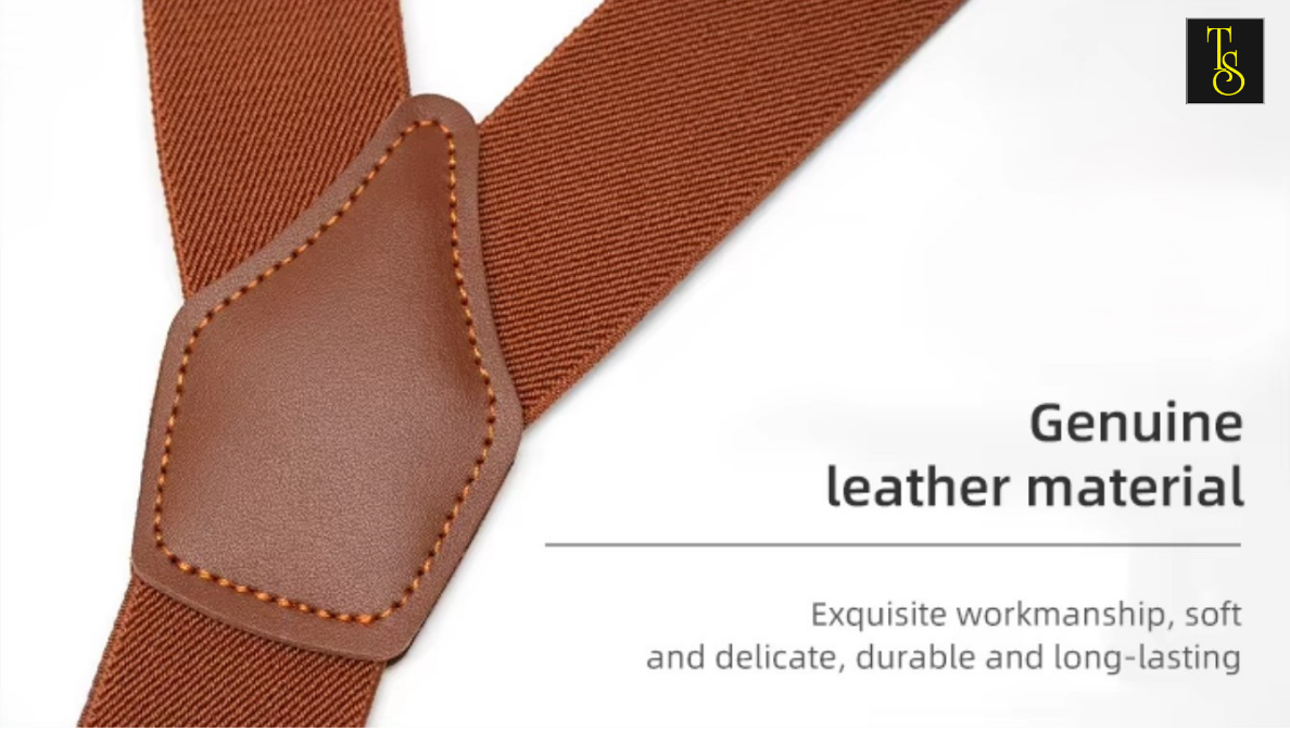 Brown leather suspenders with a close-up of a stitching detail on a white background.